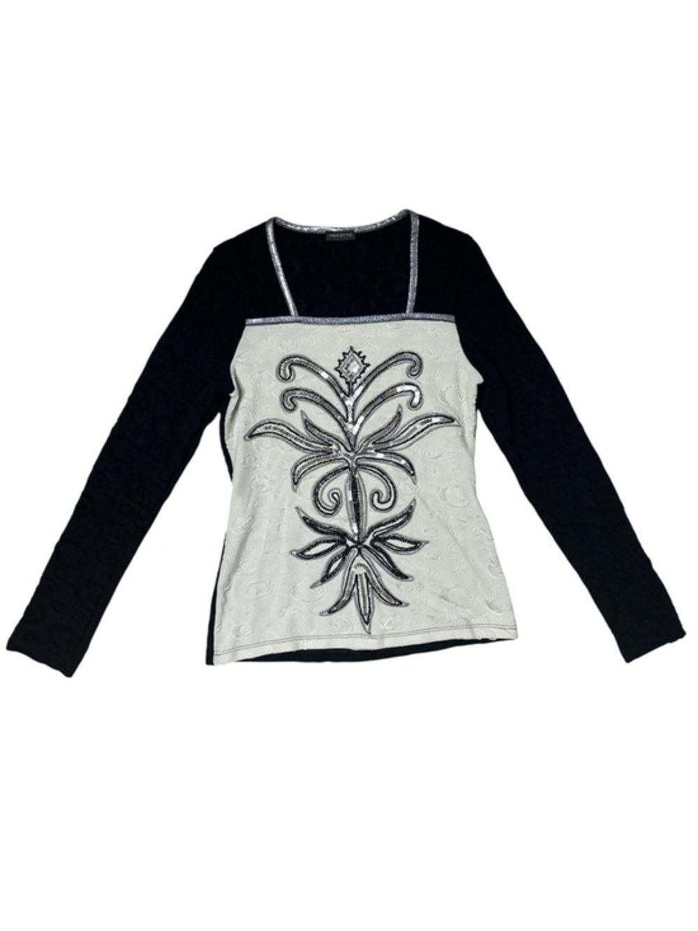 ⭐️ Tricotto Black Long Sleeve Top with White Beaded Front Panel